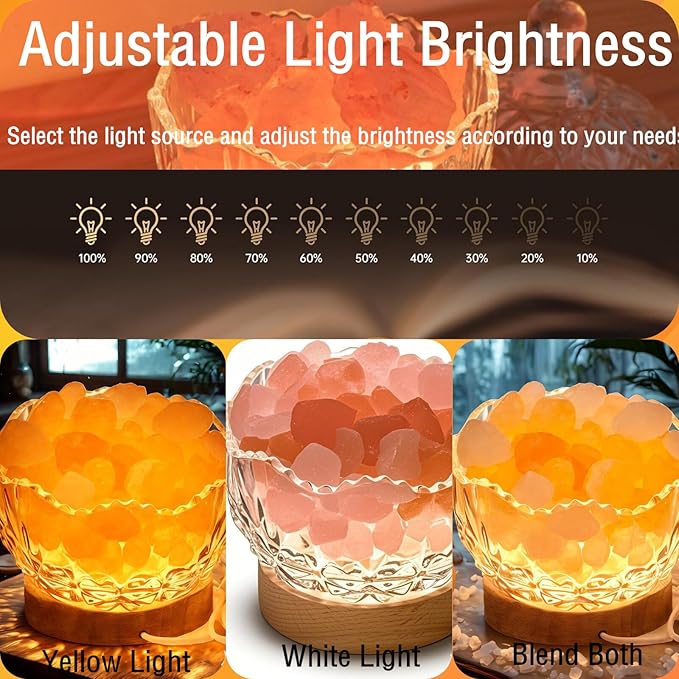 Crystal Glass Himalayan Salt Lamp with LED Light, Wooden Base, 10 Brightness Levels, 3 Distinct Lighting Modes, USB Powered, Pink Salt Rock Lamp, Home Decor Art Showpiece Night Light (Tricolor)