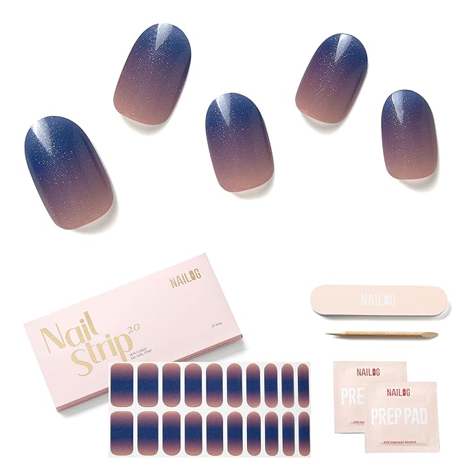 Semi Cured Gel Nail Strips - NAILOG 20 Pcs Gel Nail Stickers | Buy 2 Get 1 UV Light | Extra Long Nail Wraps with Glossy Gel Finishing Gradient Purple, Descend