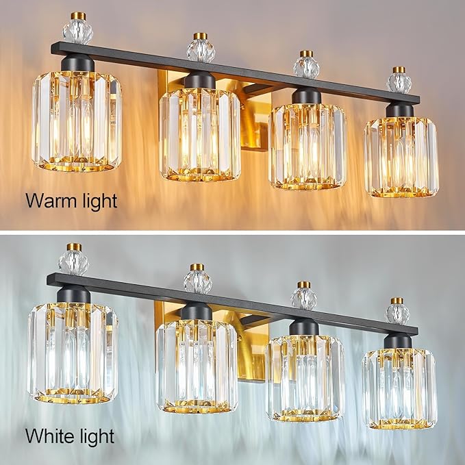Bathroom Vanity Lights 4-Light Black Gold Modern Crystal Vanity Light Fixtures Over Mirror Crystal Bathroom Vanity Lighting Fixtures