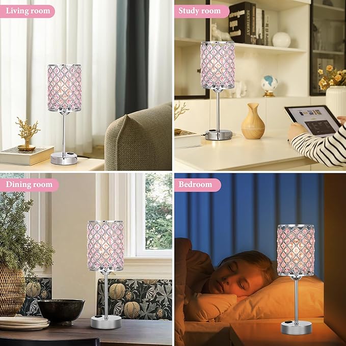 Hong-in Pink Lamps for Night Stands-Crystal Table Lamp with USB-C+A & AC Charging Ports, 3-Way Dimmable Nightstand Touch Lamp, Bedside Desk lamp for Bedroom Living Room Home Office