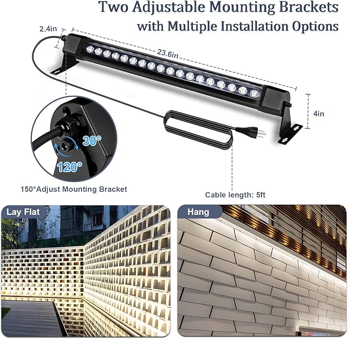 2 pcs Waterproof IP67 Wall Washer Light - 36W Upgraded LED Light Bar, 2ft Daylight White (5000K), for Building Walls, Yard, Church, Batting Cage, Plug-in Outdoor Lighting