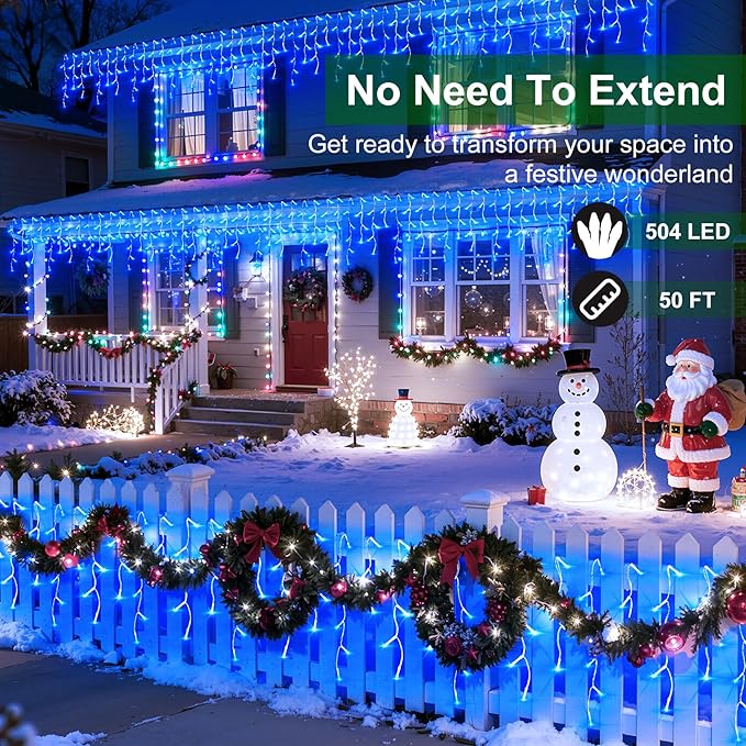 504 LED Christmas Lights with 112 Drops, 50ft 12 Modes Blue Fairy String Lights with Timer Dimmable, Waterproof Twinkle Lights for Indoor Outdoor Holiday Wedding Party Eaves Yard Yard Christmas Decor