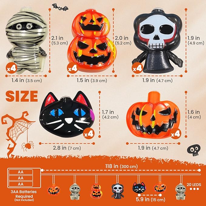 Halloween Decorations 20LED 9.8FT Pumpkin String Lights Batteries Operated Battery String Lights Outdoor Indoor Orange Pumpkin White Ghosts Vampires Mummies Halloween Party Decorations