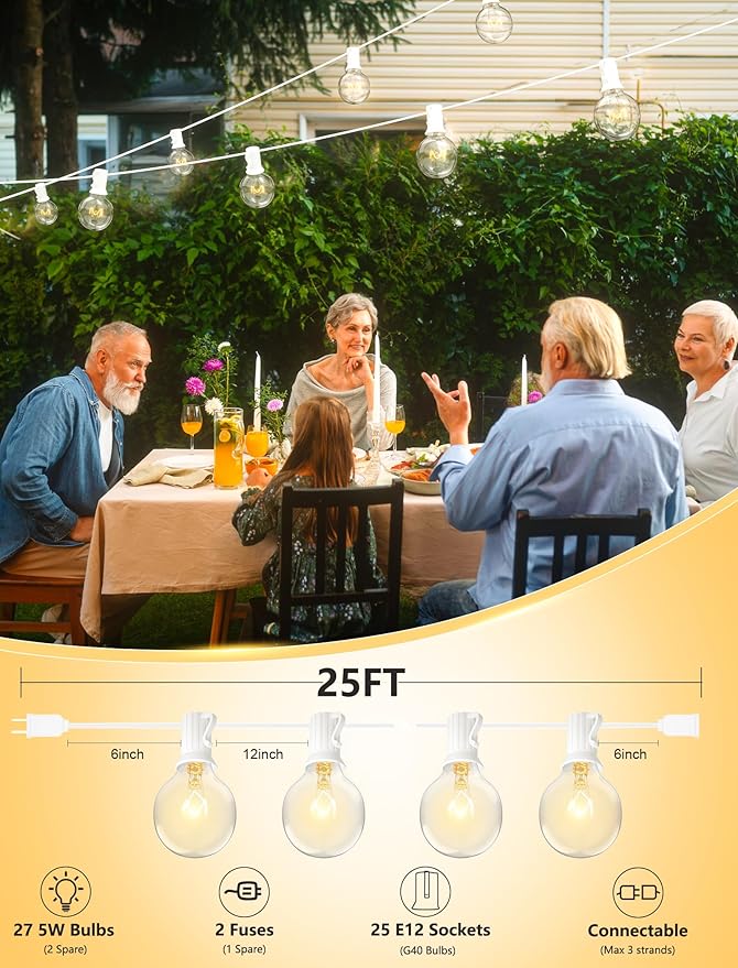 SUNSGNE 25FT Globe String Lights, G40 White Outdoor String Lights with 27 Clear Edison Bulbs(2 Spare) for Patio Balcony Decoration - White Wire