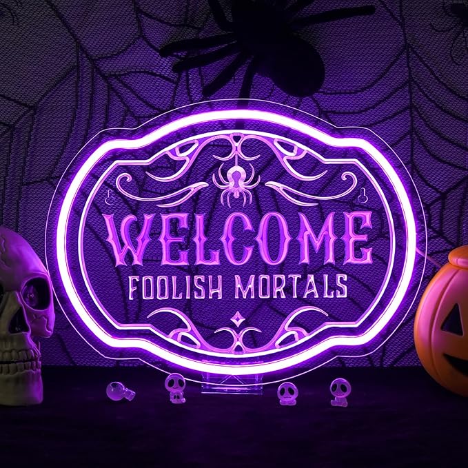 Horseneon Welcome Foolish Mortals Christmas Neon Sign Haunted Mansion LED Wall Decor for Door Mab Cave Light Horror Movie Parties & Themed Bars Spooky Effect Christmas Gifts