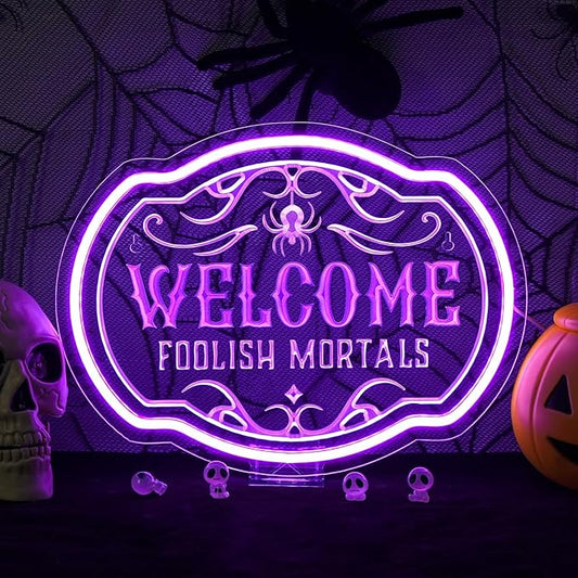 Horseneon Welcome Foolish Mortals Christmas Neon Sign Haunted Mansion LED Wall Decor for Door Mab Cave Light Horror Movie Parties & Themed Bars Spooky Effect Christmas Gifts