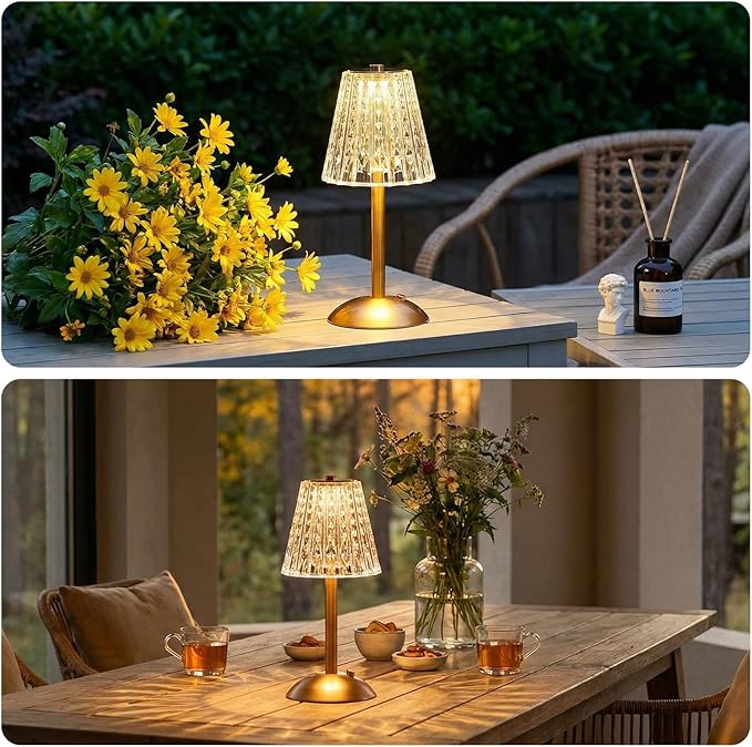 Liliful 1 Pcs Cordless Table Lamp Rechargeable Touch LED Small Gold Portable Battery Operated USB-c Desk Lamp 3 Color Dimmable for Bedroom Living Room Dining (Gold,Classic Style)
