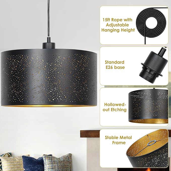 Plug in Pendant Light, Hanging Lamp with Plug in Cord, Rustic Farmhouse Pendant Lights for Kitchen Dining Room Bedroom Entryway, with 3-Way Dimmable Bulb