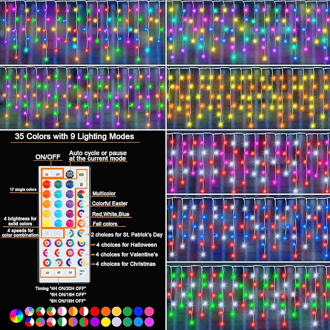 Pooqla Color Changing Christmas Icicle Lights with Remote, 35 Colors 9 Modes String Lights Outdoor, 240 LED 38.5 FT RGB Waterproof Hanging Lights for Roof Window Home Party Easter Decor