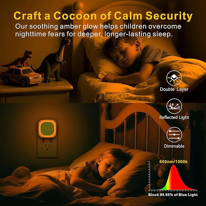 2 Pack Plug in Amber Night Light, Auto Dusk to Dawn, Soft Glow, Dimmable, Diffused Light, LED Lights for Bedroom, Kids, Bathroom, Sleep, Baby Nursery, Toddler, Hallway, Kitchen, Home Decor
