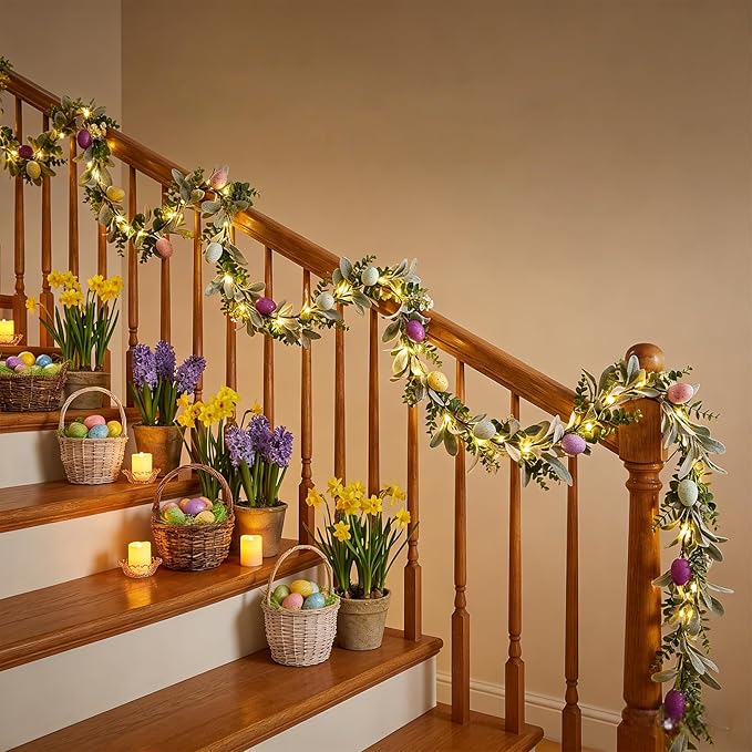 6FT Easter Egg Garlands with Lights for Mantle Artificial Colorful Spring Floral Eucalyptus Garland with LED 3 AA Battery Powered for Home Decoration Indoor Outdoor