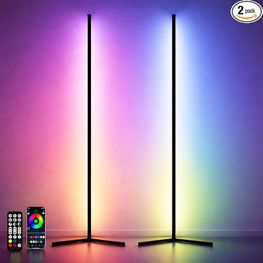 2 Pack Corner Floor Lamp – 57'' Tall RGB Lamp Modern Mood Lighting with 88 LEDs, Bluetooth App Control, and Sturdy Base for Effortless Setup