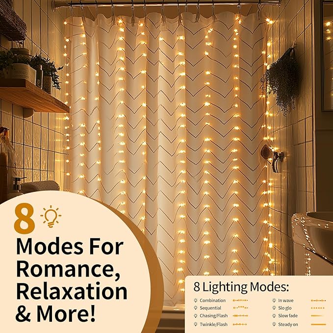 Waterproof LED Shower Curtain Lights - 72 Inch Fairy Lights for Bathroom, 8 Modes Warm White Spa Mood Lighting for Dark Bathrooms and Outdoor Décor (No Curtain)