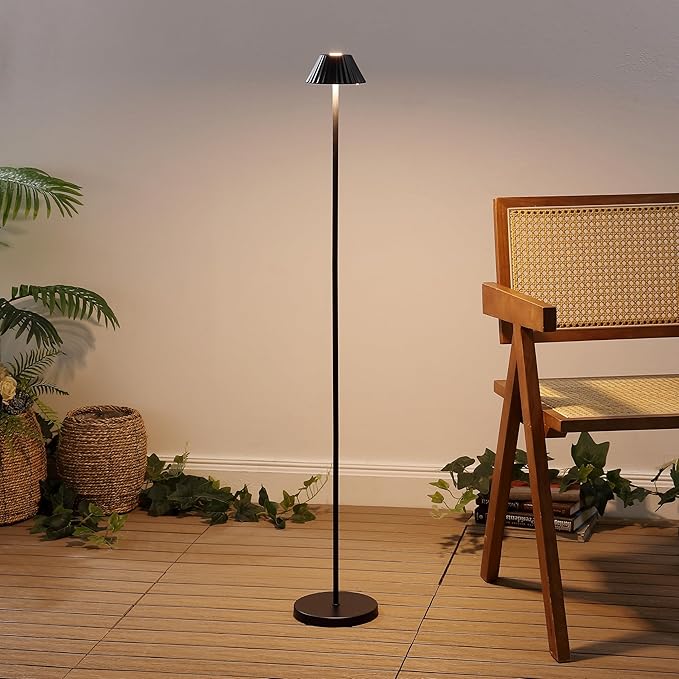 JONATHAN Y 44" Black Modern Rechargeable Cordless LED Floor Lamp for Patio, Dimmable Minimalist Indoor Outdoor Standing Light, Pleated Iron Shade, Touch Sensor (JYL7168D)