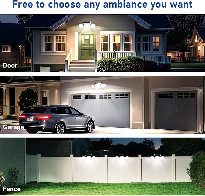 White Solar Security Light Outdoor Super Bright LED, Motion Sensor Solar Flood Light, 3 Heads 270° Wide Angle,Remote Control, IP65 Waterproof, 3 Modes (3 Packs)