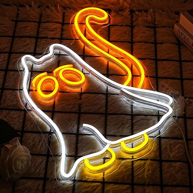 Cat Ghost Neon Sign Scary Ghost LED Neon Sign Dimmable Cat Mom Neon Light for Halloween Decor Animal Cat Ghost Neon Lights for Scary Bedroom Halloween Party