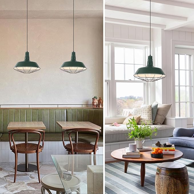 Green Industrial Pendant Lights Kitchen Island, 18.1 Inch Large Pendant Light, Farmhouse Pendant Light with Wire Cage, Barn Pendant 2 Pack, Island Pendant Lights for Kitchen Dining Room