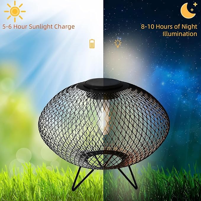 Solar Yard Set of 2 Outdoor Table Lamps with Metal Wire Shades & LED Lights, 8" Solar-Powered Modern Table Lights for Yard, Porch, Garden, or Pathway