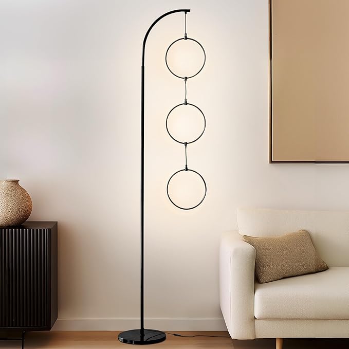 Brightech Nova Modern Floor Lamp Matches Living Room Décor - Contemporary Arc Tall Lamp with 3-Circle Ring-Style Pendant - Over The Couch Standing on Arching Pole - Eclectic- Black