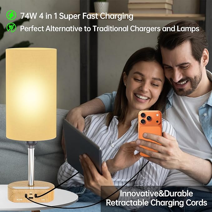 Bedside Table Lamps Set of 2, Desk Lamp with Charging Station 74W【2 * 3.94ft Retractable Cords & 2 USB Ports】, 3 Way Dimmable Touch Lamps for Nightstand, Dual Type C