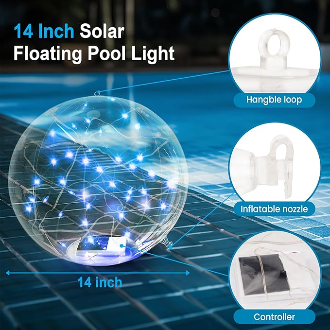 Solar Floating Pool Lights, 14" Inflatable RGB LED Pool Lights That Float with Remote, Waterproof Pool Light Balls, Pool Accessories for Swimming Pools Yard Patio Party Outdoor Decor - 4 Pack