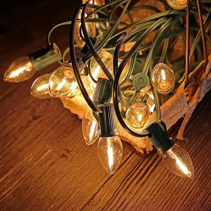 C9 Christmas Replacement LED Light Bulbs, E17 Chandelier Base LED Night Bulbs, 4W 5W 6W 7W Incandescent Equivalent, Warm White 2200K, Clear Plastic Bulbs for Christmas String Light - 25 Pack
