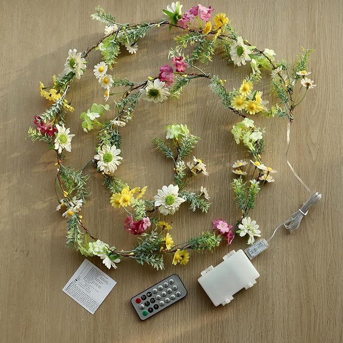 Wildflower Garland Easter String Lights Battery Operated with Remote Multicolor Daisy Floral & Leaf Lights for Bedroom Outdoor Party Holiday Home Spring Easter Decorations