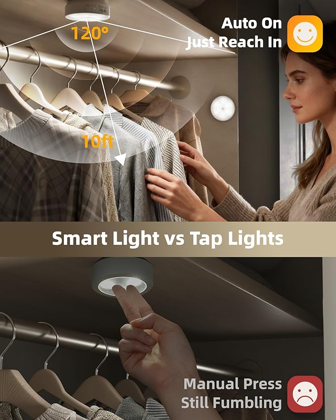 EZVALO 4 Pack Motion Sensor Closet Lights with Charging Station, 1200mAh Rechargeable LED Under Cabinet Lighting, Puck Light, Dimmable, 3 Color Temps, Magnetic, Stick on for Kitchen, Closet, Stairs
