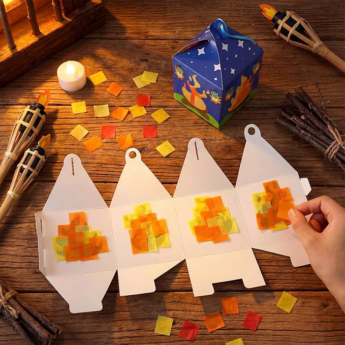 12 Sets Camp Crafts with LED Candles Lights Camping Campfire Vbs Tissue Paper Crafts Kits DIY Campfire Lantern Hanging Ornaments for Vbs Sunday School Party Activities