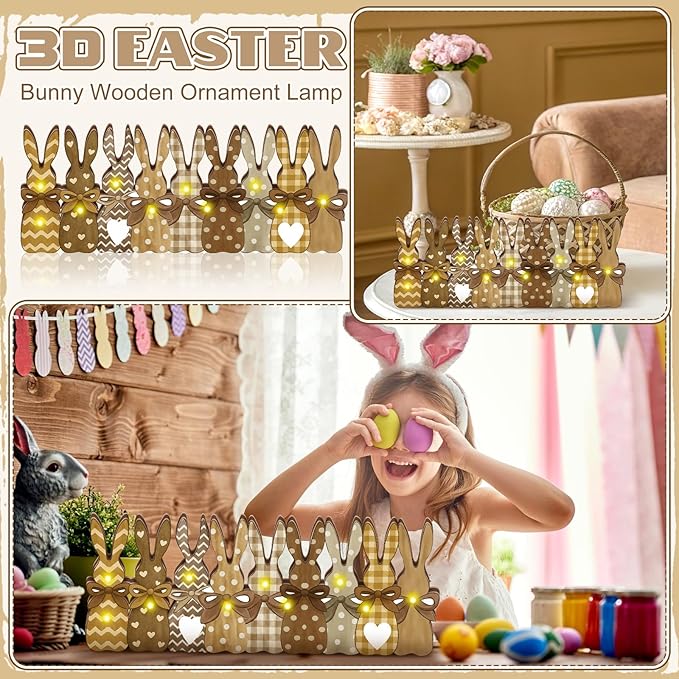 Yousoontic Rustic Easter Bunny Decor with LED Lights, 9-piece Wooden Plaid Bunny Centerpiece, Farmhouse Vintage Brown Rabbit Sign for Mantel, Tiered Tray, Dining Table and Spring Home Decoration