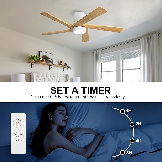 WINGBO 54 Inch Flush Mount DC Ceiling Fan with Lights and Remote, 5 Reversible Carved Wood Blades, 6-Speed Noiseless DC Motor, Hugger Ceiling Fan in White Finish with Oak Blades, ETL Listed