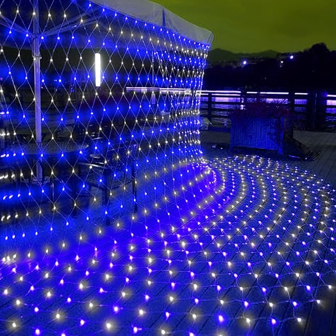 weillsnow 198 Led 9.8ft x 6.6ft 198 LED Net Lights, Connectable 8 Lighting Twinkle Modes Mesh Lights for Christmas Outdoor Patio Garden Bush Fence Decorations (Blue & White)