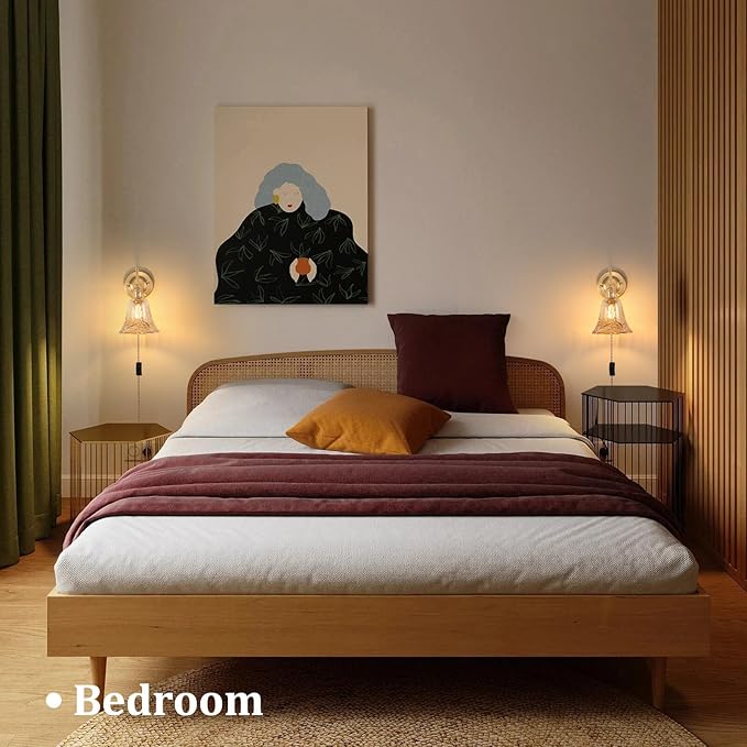 Plug in Wall Sconce Set of 2, Gold Vintage Wall Decor Lights with Amber Morning Glory Glass Shade, Indoor Brass Corded Wall Lamp Fixture for Bedroom Living Room Bathroom Hallway