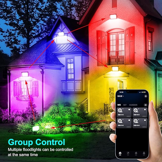 RGB LED Flood Light Outdoor 1000W Equivalent, 100W Bluetooth RGBCW Smart Floodlights 2700K, 16 Million Color Changing, Timing, Music Sync, IP66 Waterproof Landscape Light with US Plug (4 Pack)