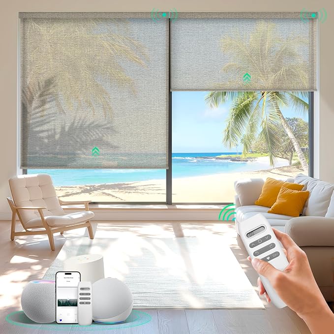 HeyBlinds Motorized Roller Shades, Smart Blinds for Windows, Remote Automatic Window Shades, Electric Shades, Light Filtering, Compatible with Alexa Google Apple Home (Sunbeam-Camel LF)