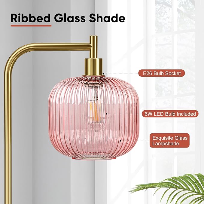 QiMH Glass Floor Lamp for Living Room, 67” Modern Standing Lamp with Pink Ribbed Glass Lampshade Pedal Switch Tall Lamp for Bedroom, Brushed Gold (2700K LED Bulb Included)