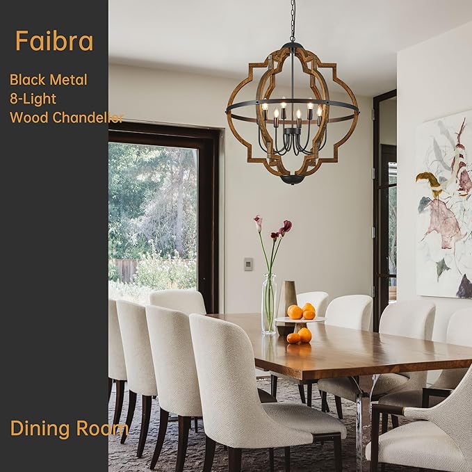8-Light Farmhouse Wood Pendant Light,31.96'' Vintage Rustic Brown Oak Wood Chandeliers,Retro Industrial Hanging Light Fixtures for Dining Room Entryway, Bedroom