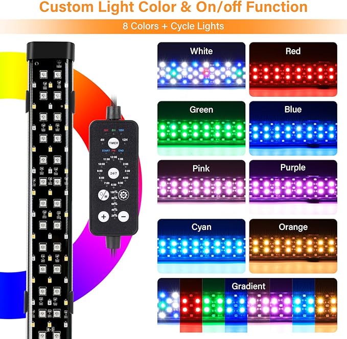 hygger Submersible LED Aquarium Light, 11W 12 in 24/7 Mode Fish Tank Light with 5 Rows Beads, with Timer 9 Colors and Adjustable Brightness, IP68 Waterproof Full Spectrum Light for 13-23 inch Tank