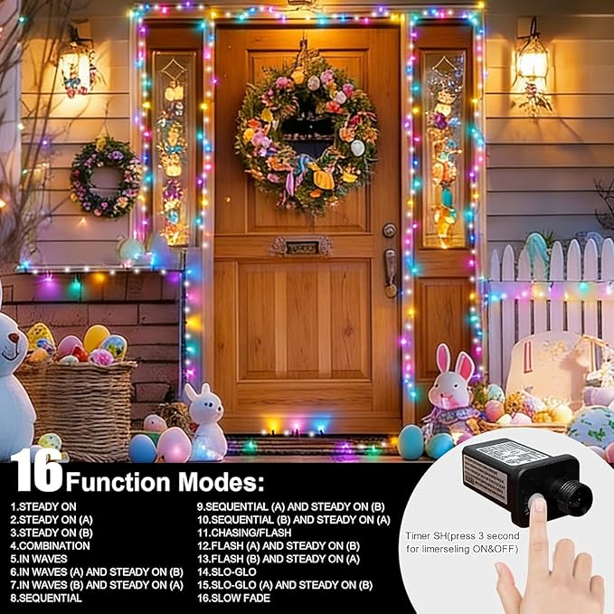 LAMPHOME 33ft Easter String Lights Plug in, 100 LED Pastel Twinkle Fairy Lights Green Wire, 16 Modes Easter Outdoor Indoor Decorations for Tree Christmas Wedding Party (White+Multicolor)