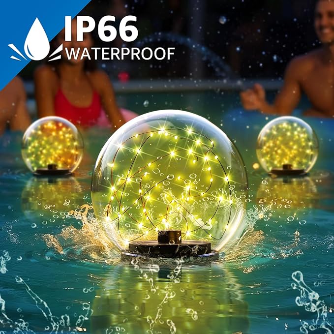 2-Pack Solar Floating Pool Lights Ball Outdoor Water-Resistant IP66 Solar-Powered that Float Flickering Lights for Swimming Pool Decor Pond Garden Party