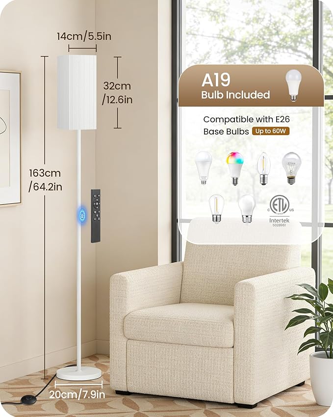 64.2'' Dimmable Floor Lamp for Living Room with Remote and Foot Switch, Corner Floor Lamp for Bedroom, Includes 10W A19 Bulb, Modern Standing Tall Lamp, ETL Listed, White WCW17LD05