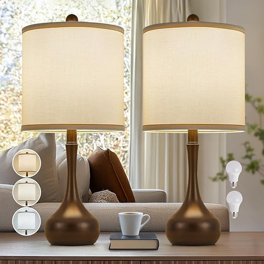 23" Brown Metal Modern Table Lamp Set of 2,Farmhouse Bedside Lamps for Living Room, 3 Color Temperature Rustic Table Lamps for Bedroom, Night Stands, Dorm,Office, Home Décor (Bulb Included) ﻿