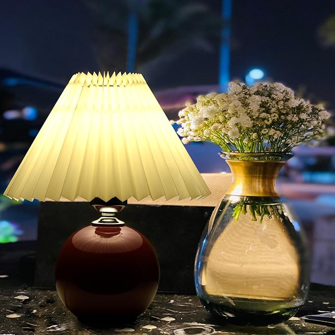 Korean Pleated Table Lamp Ins DIY Ceramic Table Lamps for Living Room Home Deco Cute Lamp with Tricolor Led Bulb Beside Lamp…