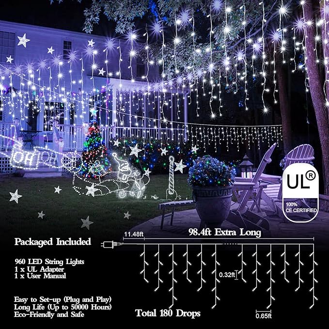 98FT 960 LED Christmas Lights, Waterproof 8 Modes Ice Lights for Outside with Memory and Timer Hanging Fairy Lights Plug-in Curtain String Lights for Holiday Party Wedding Home (Cool White)