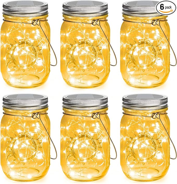 Mlambert Mason Jar Solar Lights -30 LED, 6 Pack Hanging Solar Lanterns Outdoor, Waterproof Fairy Lights for Patio Garden, Warm White