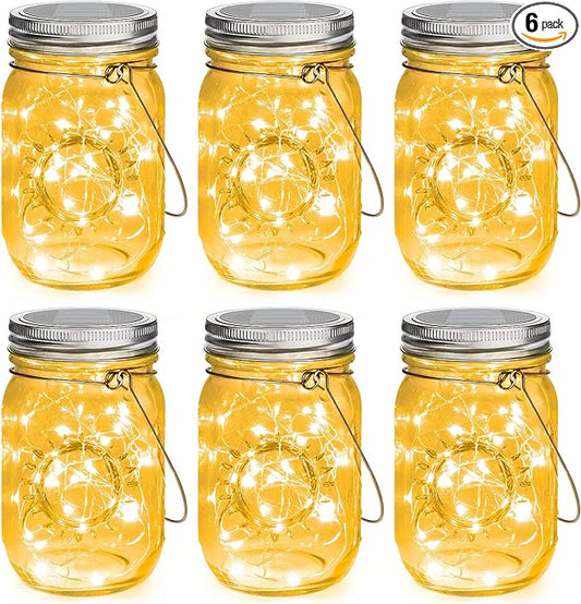Mlambert Mason Jar Solar Lights -30 LED, 6 Pack Hanging Solar Lanterns Outdoor, Waterproof Fairy Lights for Patio Garden, Warm White