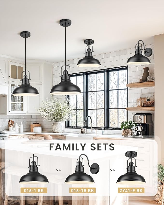 zeyu 2 Pack Modern Pendant Lights for Kitchen Island, Industrial Hanging Light Fixtures 11-Inch, Matte Black Finish, 016-1-2PK BK