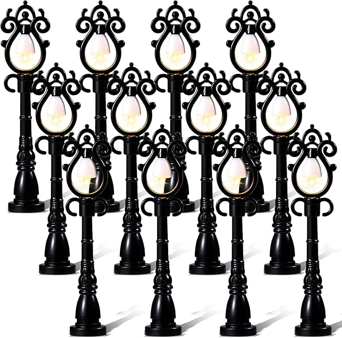 Baquler 12 Pcs Christmas Lamp Posts Christmas Village Accessories Miniature Fairy Street Lamps Decorative Uptown Mini Street Lights Pathway Lantern for Xmas Holiday Decoration DIY Craft(Retro)