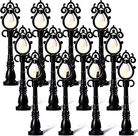 Baquler 12 Pcs Christmas Lamp Posts Christmas Village Accessories Miniature Fairy Street Lamps Decorative Uptown Mini Street Lights Pathway Lantern for Xmas Holiday Decoration DIY Craft(Retro)