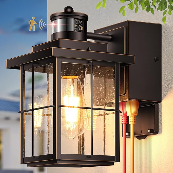 Gleamz Motion Sensor Front Porch Light with Outlet, Oil Rubbed Bronze Outdoor Light with GFCI Outlet, Exterior Sconce Light with Adjust Sensitivity, Garage Lights Wall Lantern for Coach, Balcony, Home